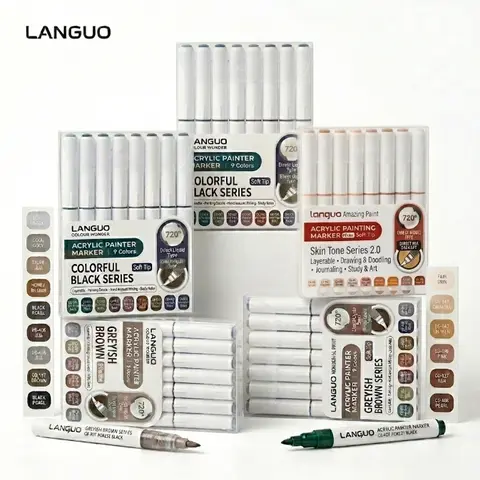 Languo Premium Skin Tone Acrylic Liquid Ink Markers Set (9 Pens/Set) with Refills, Quick-Dry Waterproof Ink, Erasable Retractable Stylus, Carry Bag, for Anime Focus, Portrait Art, Realistic Tone (Student Gift)