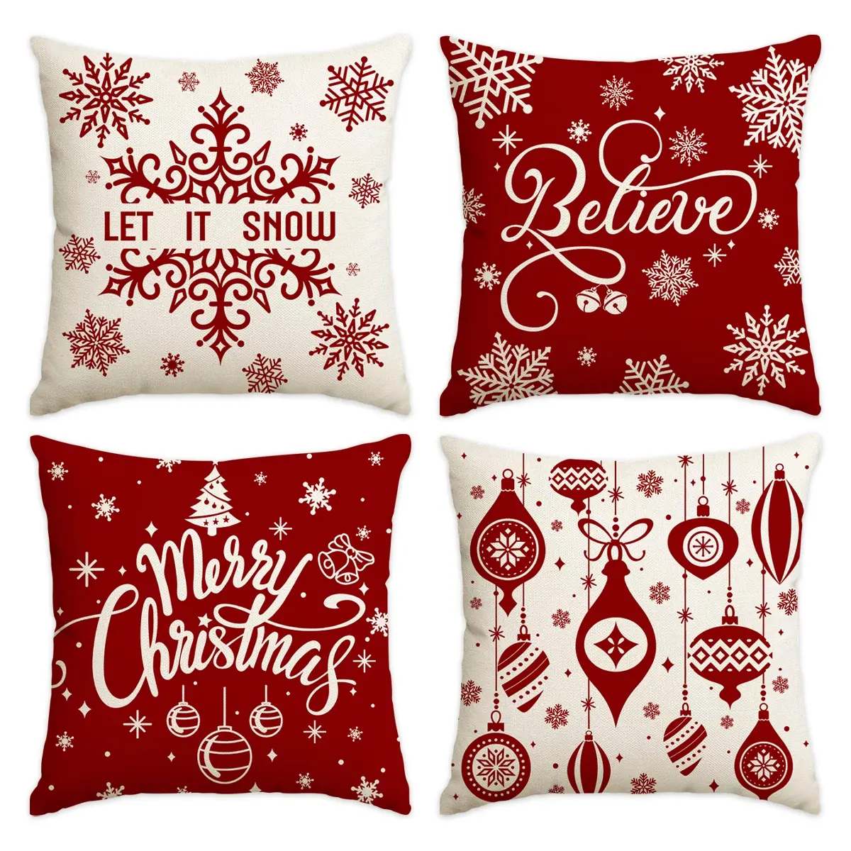 4pcs Christmas pillowcase, 'Believe' snowflake, 'LET IT SNOW' snowflake, Multiple patterns, single-sided printed cushion cover, 18x18 inches, home & Christmas decoration (without pillow core) Seasonal Decor