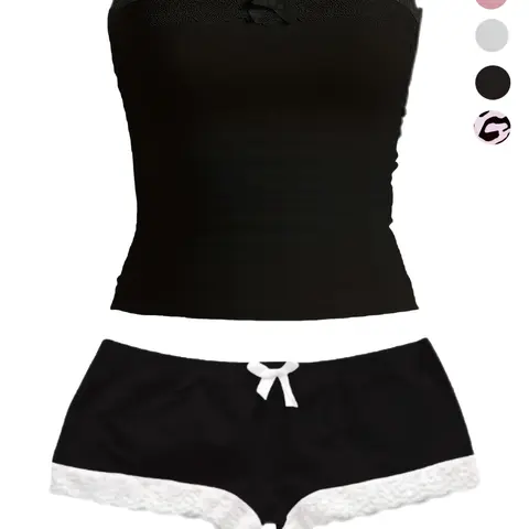 Women's Lace Crop Top Shorts Set with Bow Decor, Y2K Style, Slim-Fitting, Plain Colorblock Design, Short Length, Perfect for Casual Wear, Fashion