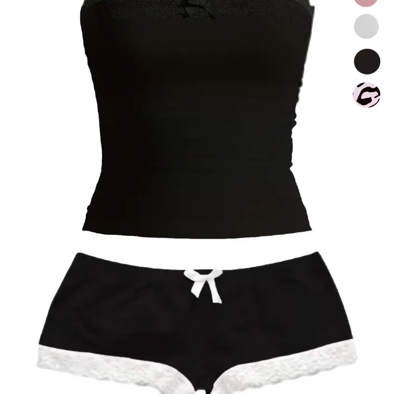 Women's Lace Crop Top Shorts Set with Bow Decor, Y2K Style, Slim-Fitting, Plain Colorblock Design, Short Length, Perfect for Casual Wear, Fashion