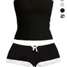 Women's Lace Crop Top Shorts Set with Bow Decor, Y2K Style, Slim-Fitting, Plain Colorblock Design, Short Length, Perfect for Casual Wear, Fashion