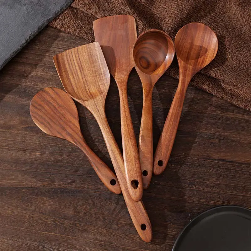 【 Clearance Sale 】 5-piece set of high-quality wooden kitchen utensils, ergonomic handles, pure natural and environmentally friendly materials, heat-resistant, easy to clean, non stick cooking tools, kitchen gifts for mothers