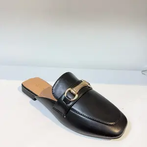 Women's Loafers with Gold Buckle PU Leather Mules for Comfortable Everyday Wear, Round Toe, Slip On, Plain Design, Summer Workwear