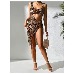 Leopard Print Bodycon Dress - 3D Flower Embellished Swimsuit Cover Up, Asymmetrical Cutout Party Dress for Women, Short Sleeve Ruffle Hem Clubwear
