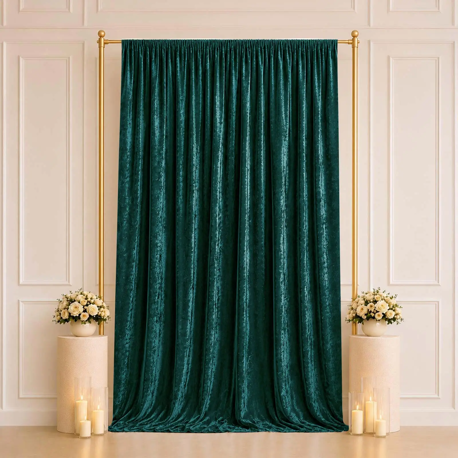 Hunter Emerald Green Premium Crushed Velvet Backdrop Curtain 5ft x 12ft – Event Drape Panel & Photo Booth Background with Rod Pocket, 70% Blackout