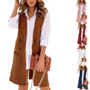 Lannew Women Open Front Lapel Collar Cardigan Vest Button Down Long Sweaters Cardigan Solid Outerwear Coats