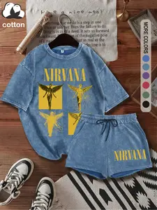 Washed cotton, two-piece fitted women's Nirvana band "Nirvana" graphic letter print T-shirt and shorts, casual short-sleeved T-shirt and shorts, women's four-season two-piece suit, women's clothing, Womenswear