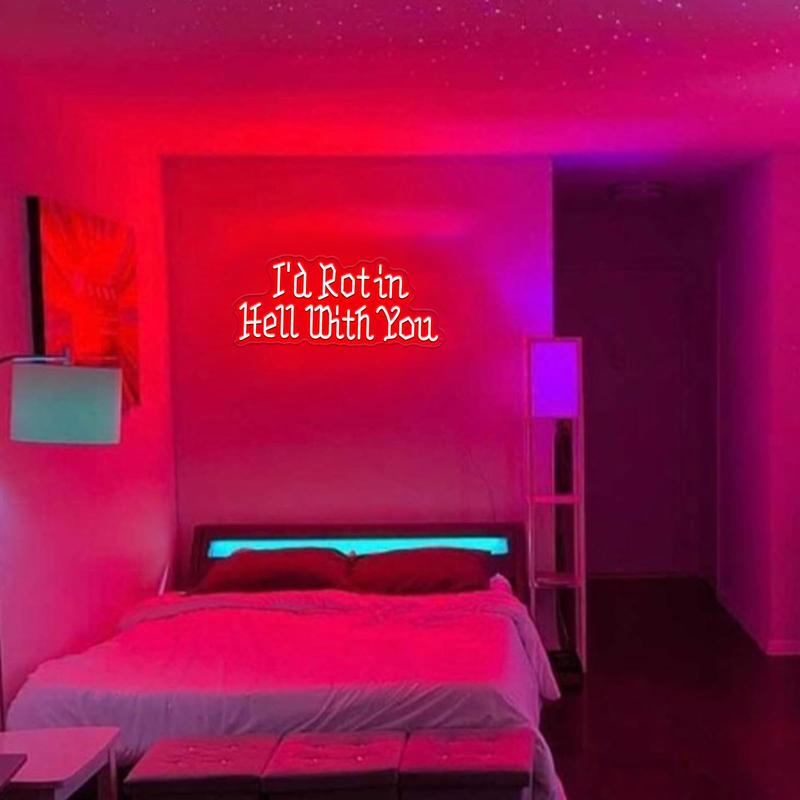 I'd Rot in Hell With You neon sign, gothic wedding neon sign, gothic wedding favors, gothic home decor, halloween wedding favors, usb powered, great as a valentines day gift for couples getting together in a man cave bedroom.