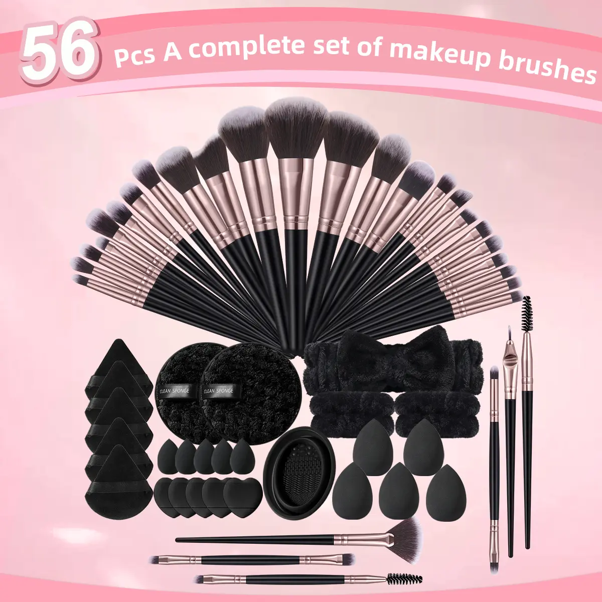 56-piece Facial Makeup Tool Set, 30 Makeup Brushes & Hair Bands & 2 Wrist Straps & 5 Large Makeup Sponges & 5 Fan Powder Puffs & 5 Mini Makeup Sponges & 5 Thumb Powder Puffs & 2 Face Wash Powder Puffs & Bowl Brush