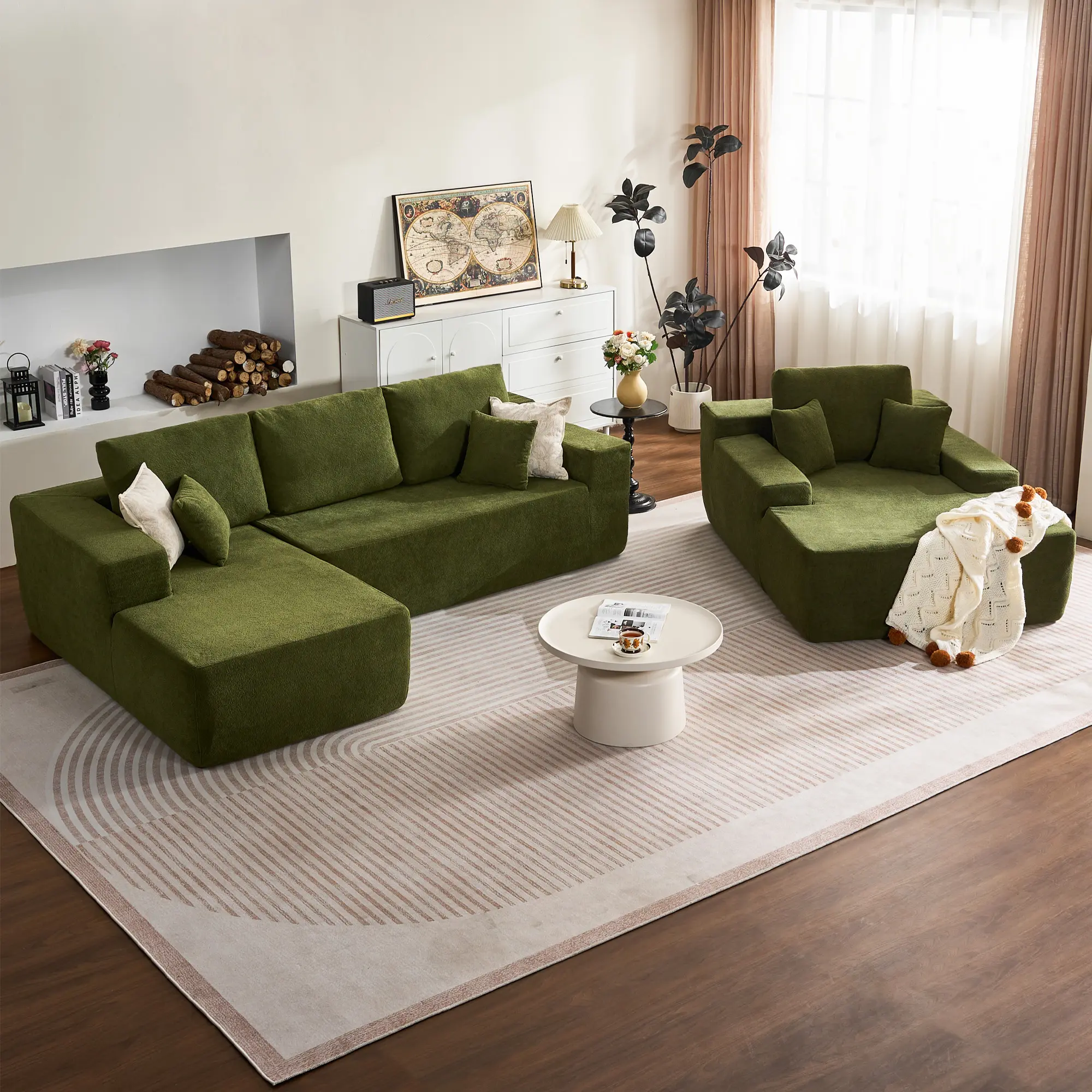 Green Cloud Velvet Left Chaise+Sofa Bed