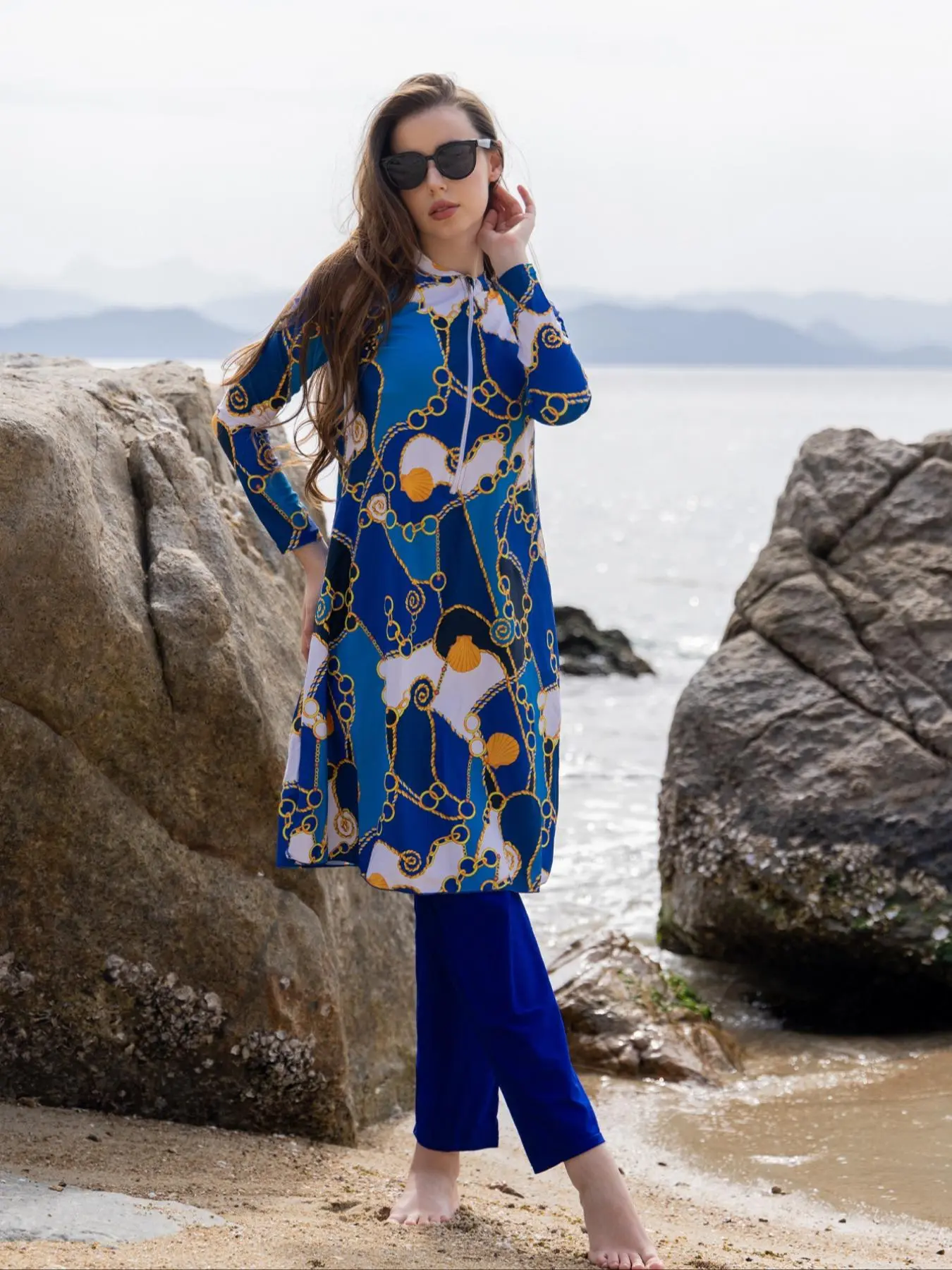 Women's All Over Print Long Sleeve Top & Pants Islamic Swimsuit Set, Two-piece Swimwear Set, Modest Swim Suits, for Beach Holiday Vacation, Ladies Modest Swimming Wear All Seasons Bathing Set