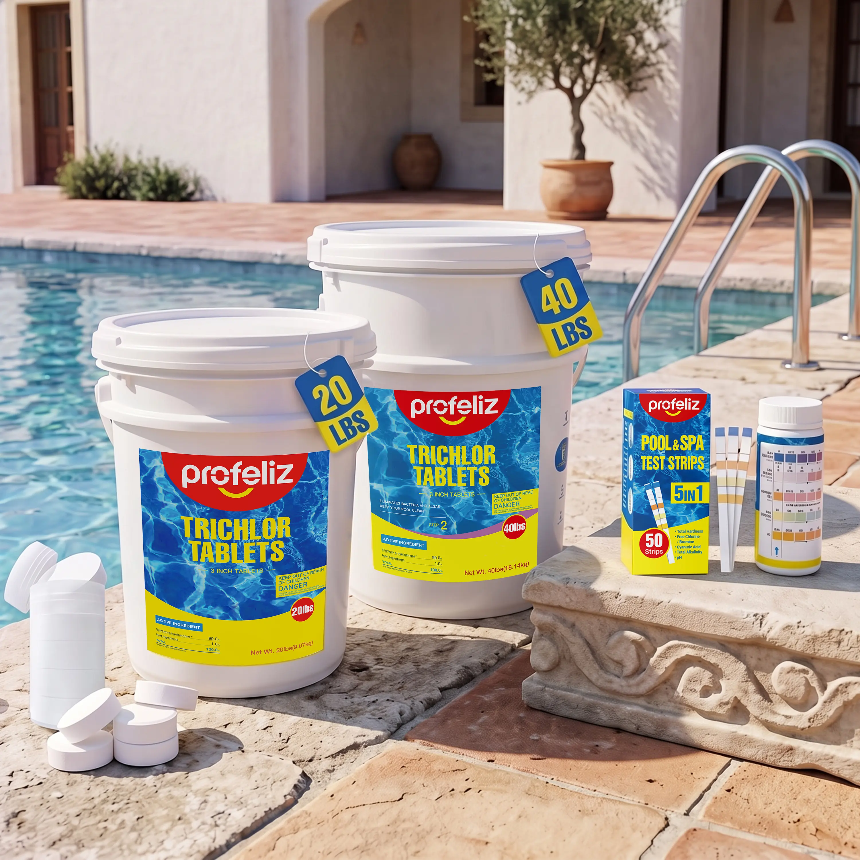 Profeliz Chlorine Tablets 3 Inch, 20lb with Test Kit in Exclusive Protective Packaging, 99% Pure Trichlor Slow Dissolving Sanitizer, Chlorine Tabs Pool Chemicals for Inground & Above Ground Pools