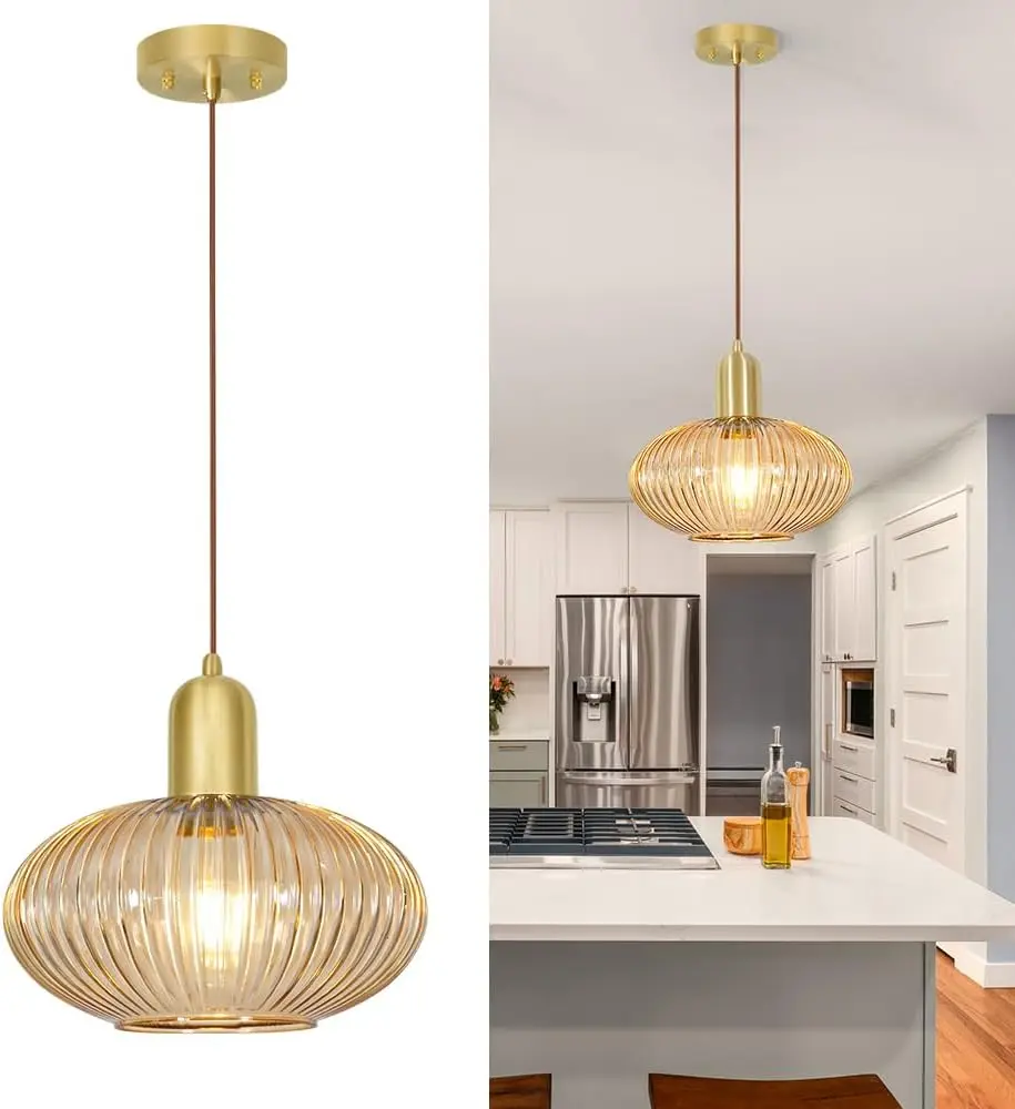 Brass Modern Globe Pendant Light Fixture - 11.5in Amber Glass Shade, Adjustable Hanging Ceiling Lamp for Kitchen Island, Dining Room