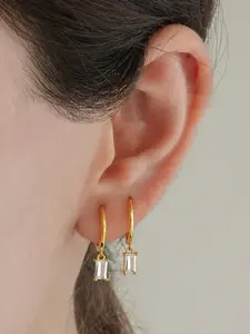 Women's Earrings Set, Simple Style Copper Inlay Zircon Long Rectangle Hoop Studs, Daily Wear Stackable Accessories Gift