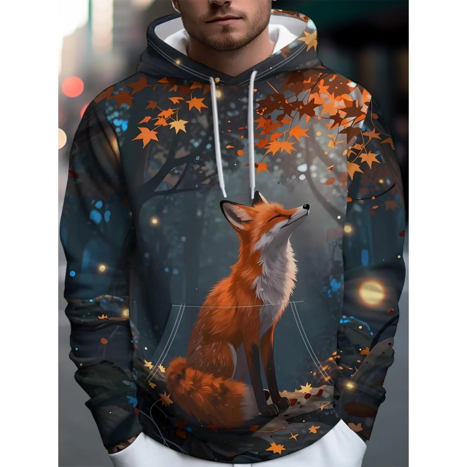 Discover a New Era of Men's Streetwear: A Dreamy Night Forest Scene with a Red Fox, Autumn Leaves, and Fireflies on a Stylish Hoodie