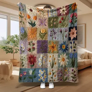 Floral Pattern Patchwork Quilted Throw Blanket, Soft Comfortable Warm Napping Blanket, Cool Bedroom Bedding Blankets for Home Office Travel Dormitory, Soft Cozy Blanket