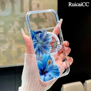Magnetic Phone Case for iPhone 17 16 Pro Max Plus 15 14 13 12 11 Air Aesthetic Bible Verse Blue Floral Lily Pattern Anti-Yellowing Shockproof ultra-thin Silicone Crystal Transparent Acrylic Large Hole Cover Supports Wireless Charging