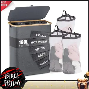 Slim Laundry Basket with Lid, Narrow Laundry Hamper with Removable Bag, Skinny Dirty Clothes Basket with Bamboo Handles for Bathroom, Bedroom & Laundry Room