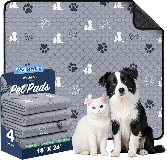 Washable Pee Pads for Dogs, 4 Pack Absorbent Reusable Training Dog Pads Pet Puppy Pads, Non-Slip Potty Pads for Whelping, Playpen, Crate, Bed, Grey 18"x24"