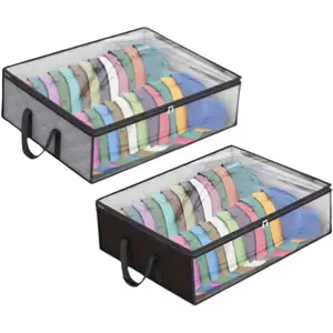 Cap Storage Organizer Box with Clear Window, Under Bed Hat Container with Handles, Set of 2, Gray and black