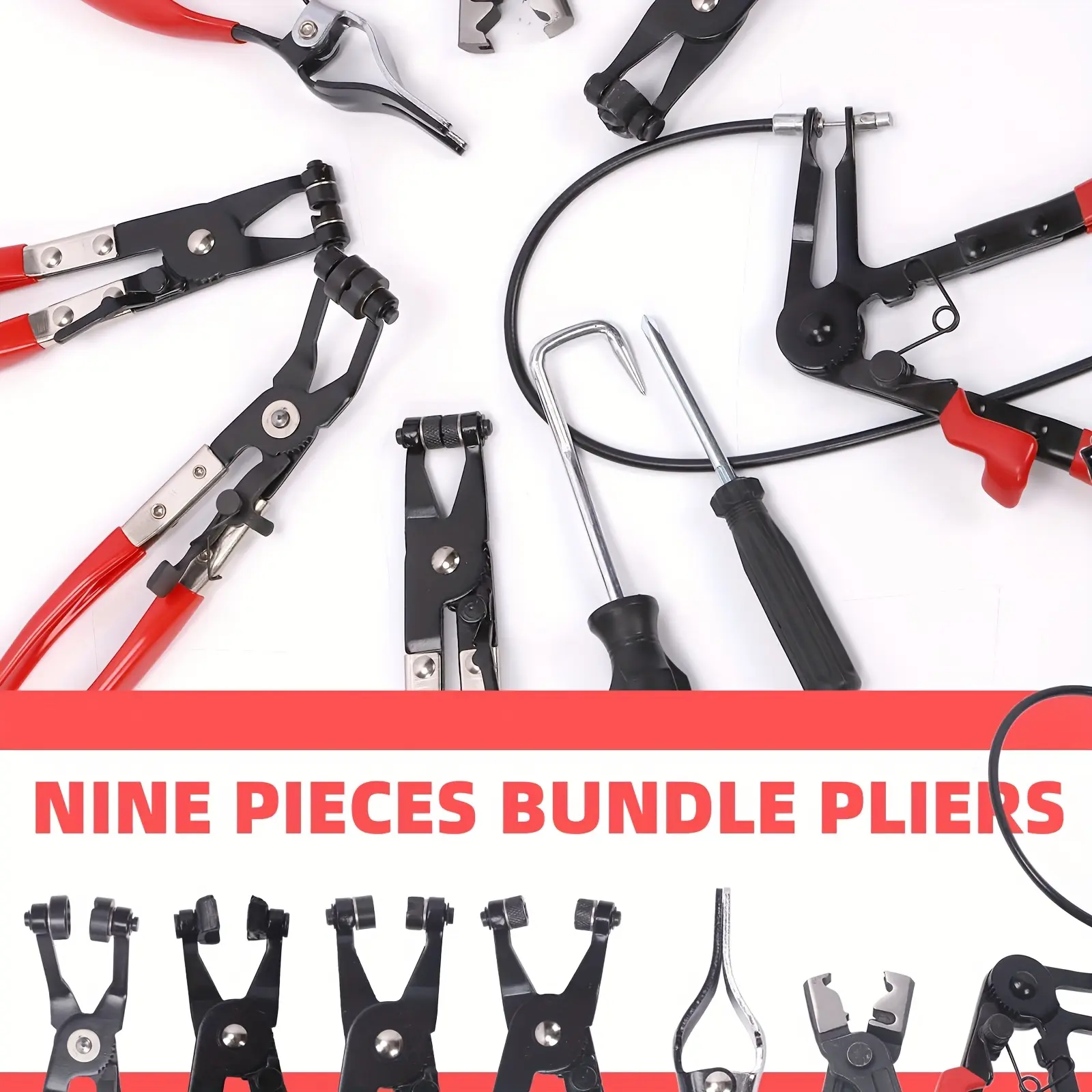9Pcs Automotive Hose Clamp Pliers Tool Kit - Flexible Cable Long-Reach Pipe Clamp Removal Pliers with Storage Case for Car Radiator Coolant Fuel Line Repair, Garage Mechanics