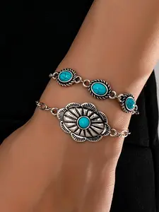 2 Pcs Vintage Boho Turquoise Floral Hand Chain Bracelets, Elegant Layered Design, Perfect for Daily Wear & Gifts