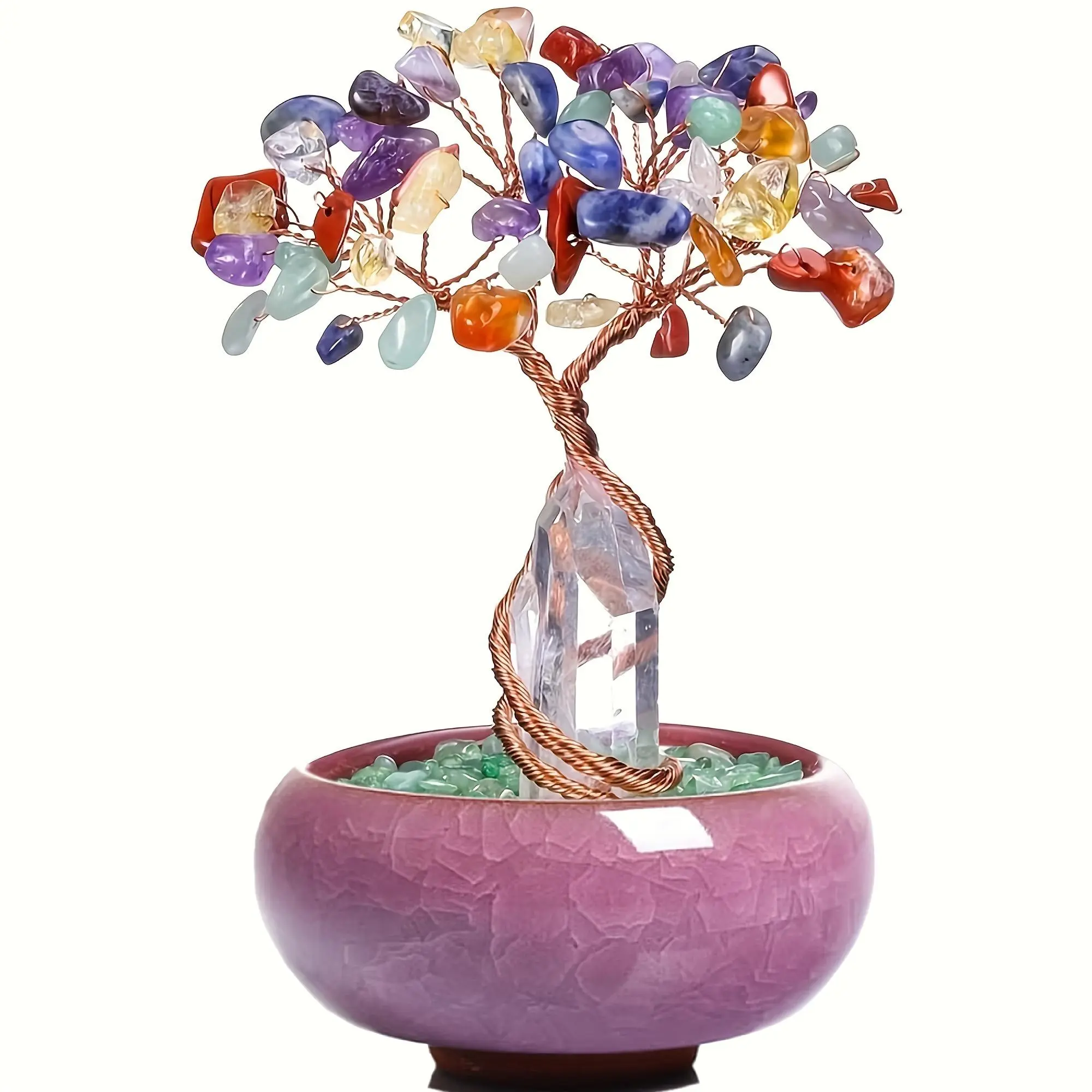 colorful chakra crystal tree ornament, mixed natural chakra loose gemstone desktop decor, pottery base crystal money tree, housewarming valentine christmas spiritual home decorative souvenir gift #SummerWins #DealsForYouDays