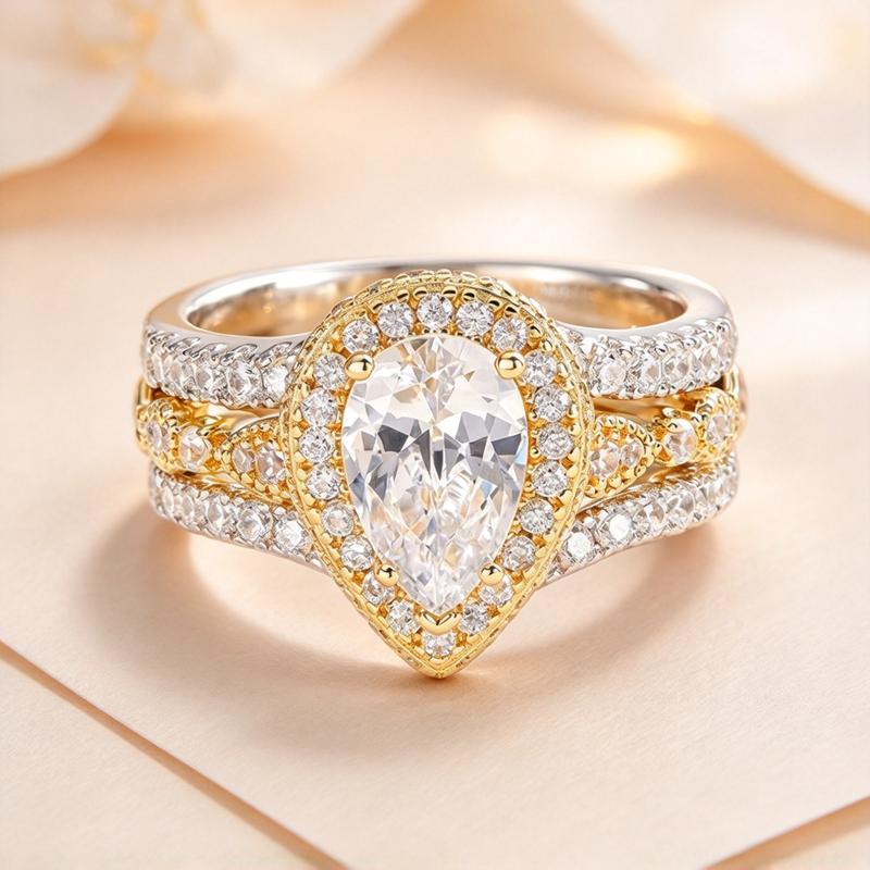 Women's 2-Piece Stackable Rings Set - Pear-Shape Elegance Teardrop Center Stone Engagement & Twisted Paved Band for Wedding Party, Daily & Evening Wear, Elegant Gift for Her (Valentine’s Day, Anniversary)