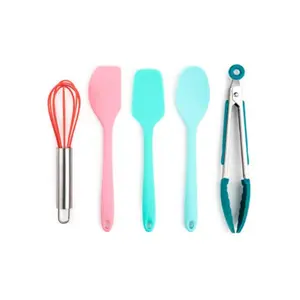 212 MAIN Warm 5-Piece Heat-Resistant Silicone Utensil Set, Narrow Shape Kitchen Bakeware with Hanging Design & Metallic Tone Accents