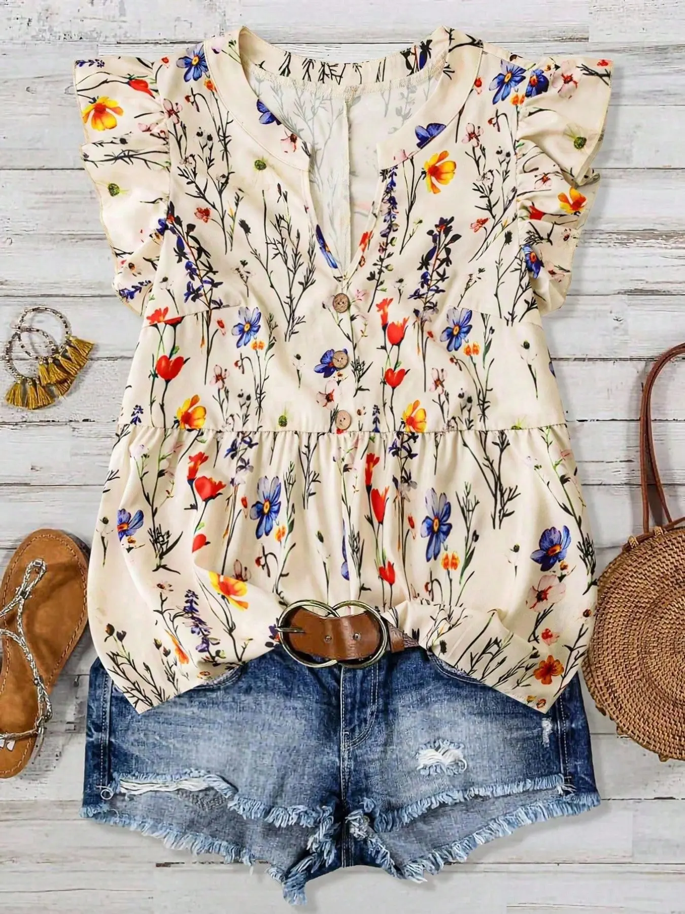 Women's Plus Size Floral Print Peplum Top V-Neck Flutter Sleeve Babydoll Shirts Blouses Button Up Flowy Casual Summer Vacation Boho Bohemian Cottagecore Outfits Spring