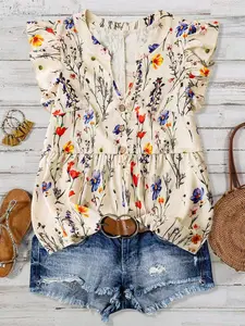 Women's Plus Size Feminine Floral Print Peplum Top V-Neck Flutter Sleeve Babydoll Shirts Button Up Flowy Casual Summer Vacation Boho Bohemian Cottagecore Outfits Spring