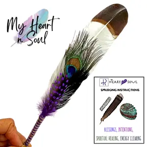 Turkey and Peacock Smudge Feather – White - Purple - Brown Tip Crafted Piece for Home Energy Cleansing – Beginner Instructions Included. Ritual - Spiritual  Holistic Wellness - Invoke Positivity - Remove Negative Negativity