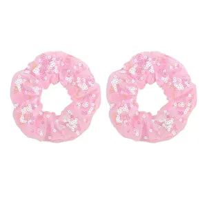 Sparkly Sequins Hair Scrunchies for Hair - 2Pcs Pink Sequins Scrunchies for Thick Curly Hair Ties Elastic Hair Bands Ropes Ponytail Holders Hair Accessories for Women Girls Teen Gifts