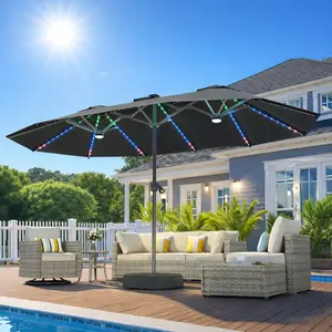 【With Base】CAODOC 15FT Solar LED Double Sided Rectangular Patio Umbrella with Base & Crank, Outdoor Market Parasol Sunshade for Garden, Deck, Backyard, Poolside, Durable Water Resistant Canopy, 36 LED Lighted Umbrella