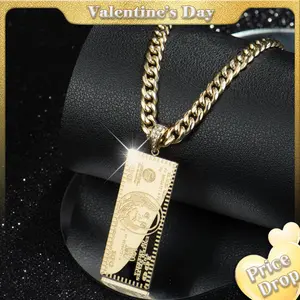 Real Gold-Plated Dollar Pendant Necklace, Double-Sided Mini Money Design with Iced Connector, 24" Cuban Chain, Hip Hop Jewelry Gift for Streetwear Lovers