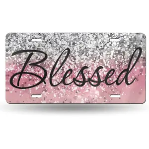 Bling Blessed Rosy Pink Glittery Front License Plate Aluminum Decorative License Plates Glitter Christian Religious Metal Car Plate 6X12 with 4 Holes Car Decor Accessory