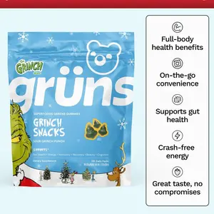 Grüns Grinch "Tart Berry Punch" Flavor Superfood Greens Gummies (Limited Edition): Comprehensive nutrition supplement with 60+ ingredients: Vitamins and Minerals, Prebiotics for Digestive Health, Adaptogens, Gluten Free, Vegan, Third Party Tested