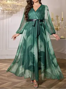 Elegant Plus Size Chiffon Long Dress, Natural Fresh Style, Perfect for Spring Summer, Vacation Scene, Includes Waistband