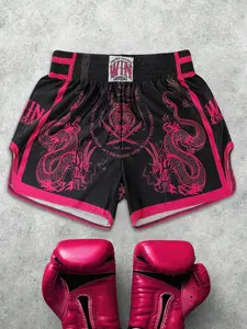 Unisex Breathable Mesh Dragon & Tiger Tattoo Print Muay Thai Shorts Athletic Workout Gym Shorts | 3 Color Options (Black/Red/Pink) High Street American Streetwear
