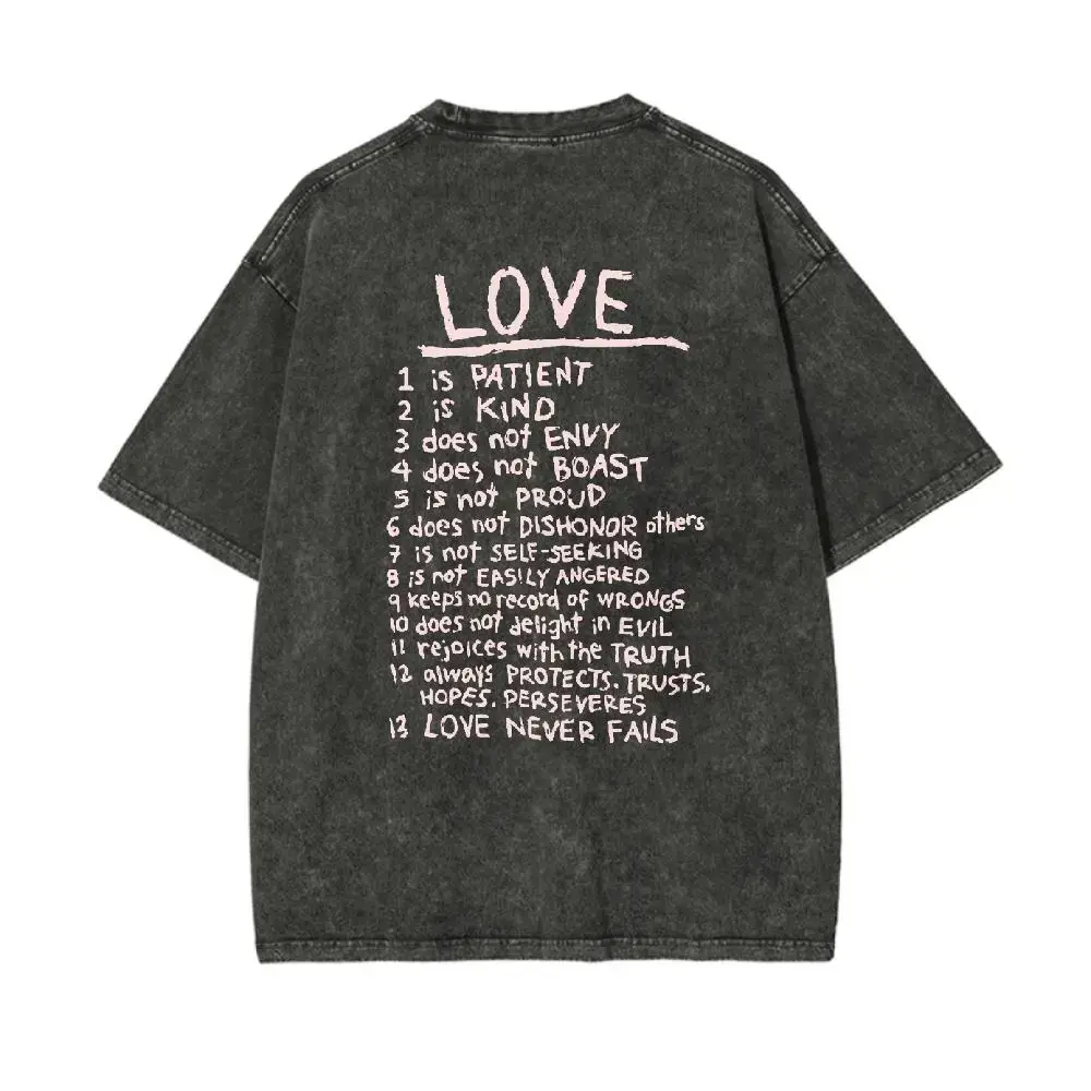 Love Like Jesus Unisex Washed T-ShirtVintage Acid Wash "Love Never Fails" Graphic T-Shirt, 1 Corinthians 13 Inspired Oversized Streetwear Tee, Christian Faith Casual Top