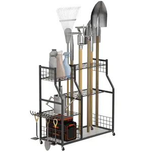 Garden Tool Organizer with Lockable Wheels Heavy-Duty Yard Tools Rack for Garage Shed Garden Utility Stand Rack for Rakes Brooms Shovels Long-Handled Tools Carbon Steel Construction 92cm x 40cm x 95cm