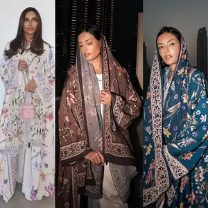 MQ223 Modest Floral Print Open Cardigan Long Abaya Coat Two-Piece Set with Headscarf for Middle East Dubai Traditional Tribal...