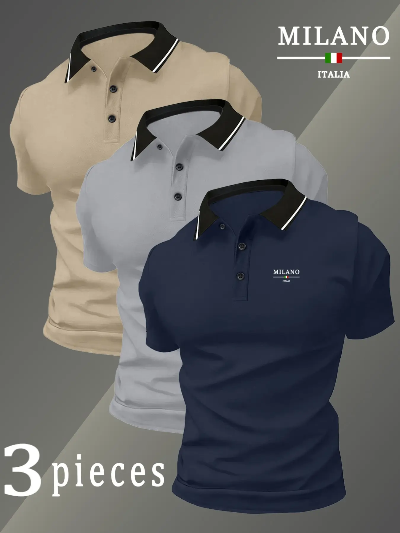 Men's Quick-Dry Summer Polo Shirt Set, Menswear, Italian Milan Logo Print, Breathable Comfort, Casual Fashion Lightweight, High-Quality Stretch Fabric, Breathable Cool Polo, Sporty Polo Shirts