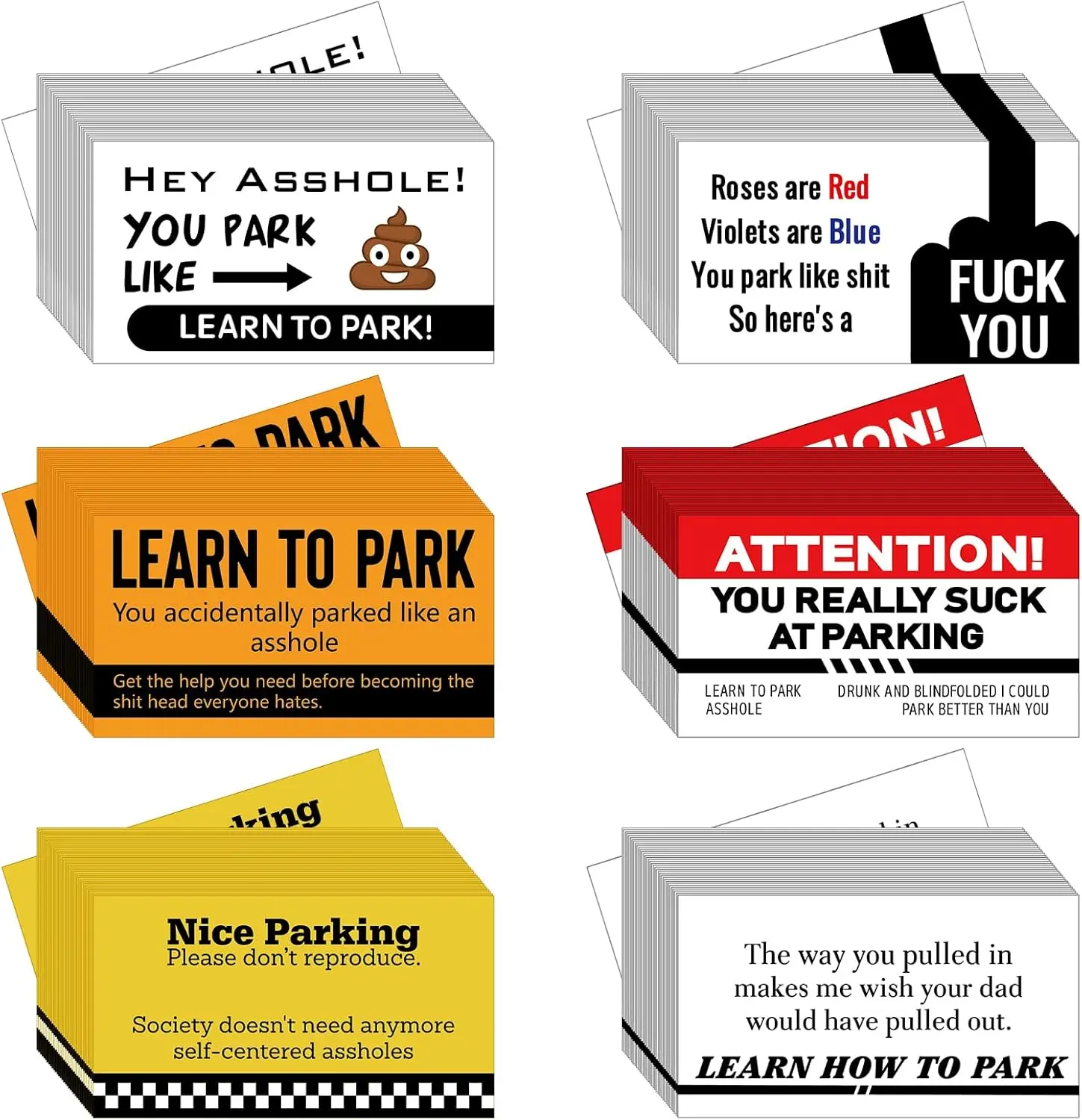 150 count Funny Bad Parking Business Cards 6 Styles Parking Violation Cards for Adults, 3. 5 x 2 Inches