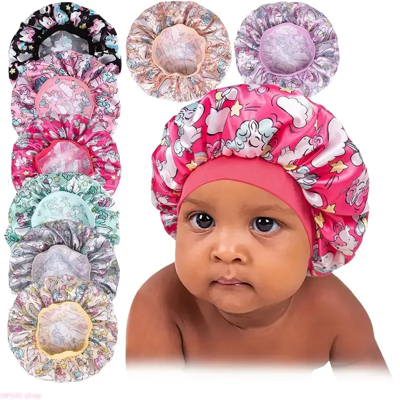Kids' Patterned Satin Bonnet, Soft Lightweight Sleep Cap for Child, Reusable Hair Protector for Bath Time, Hair Protection, Sleeping/Bath, Soft Satin homedecor, Fashion Accessory, Decorative Sleep Bonnet Hats