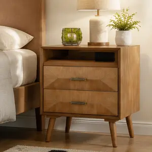 24" Nightstand with Charging Station, Wood Bedside Table with 2 Drawers, Open Shelf, USB/Type-C Ports, AC Outlets, Mid Century Modern, Solid Wood+MDF, Light Oak, for Bedroom Living Room, Light Oak Color Options, Solid Wood+MDF Material