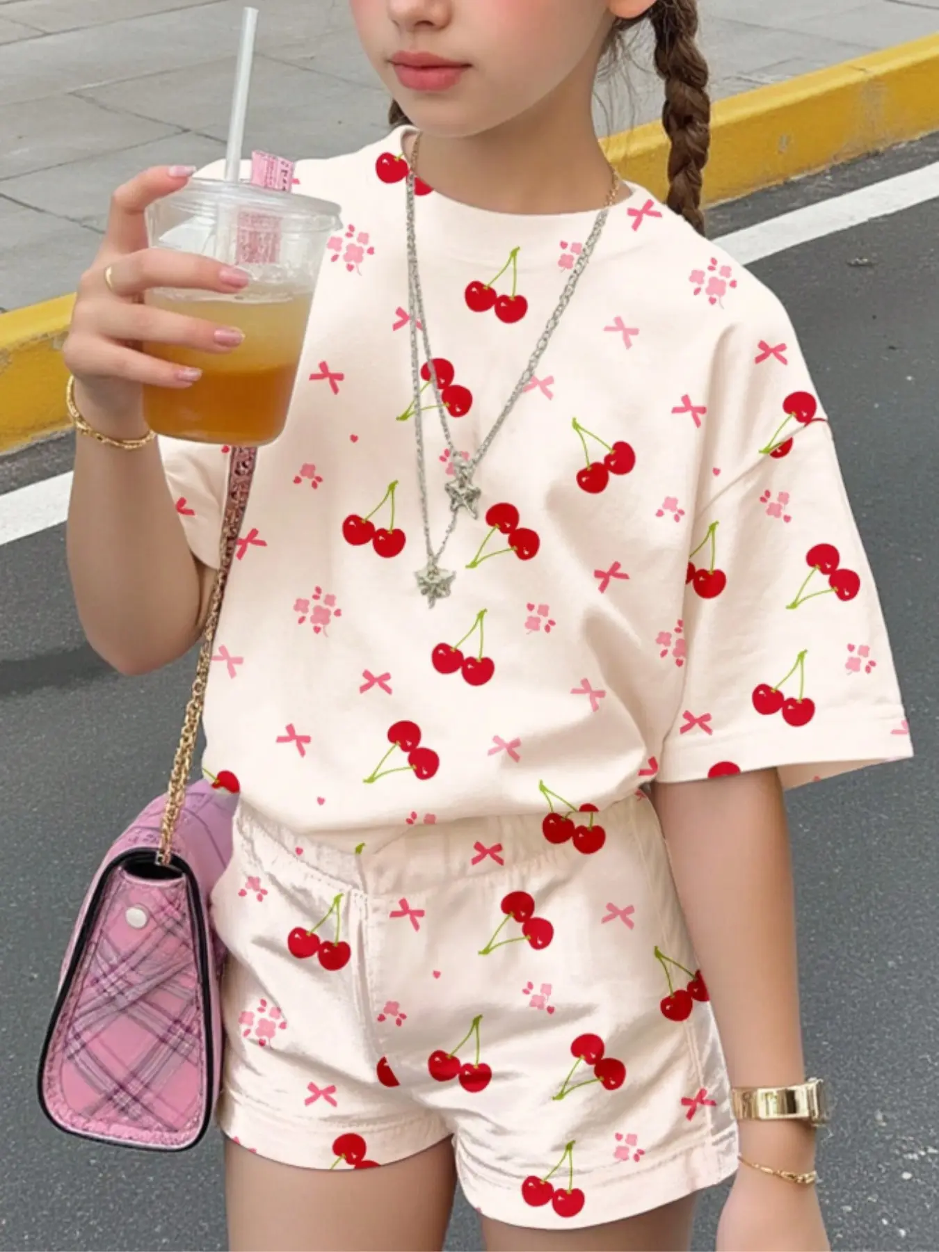 Cream Retro Bow Cherry Floral Shorts Matching Set, Soft Comfortable Loose Fit Round Neck Short Sleeve T-Shirt and Shorts, Spring Summer Casual Street Clothes