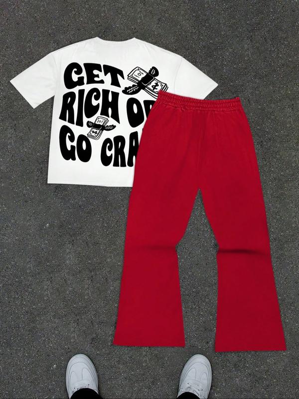 1 Set Unisex Graphic Tracksuit Casual Sportswear Y2K Streetwear "GET RICH OR GO CRAZY" Skeleton & Red Star Flare Pants for Hip Hop