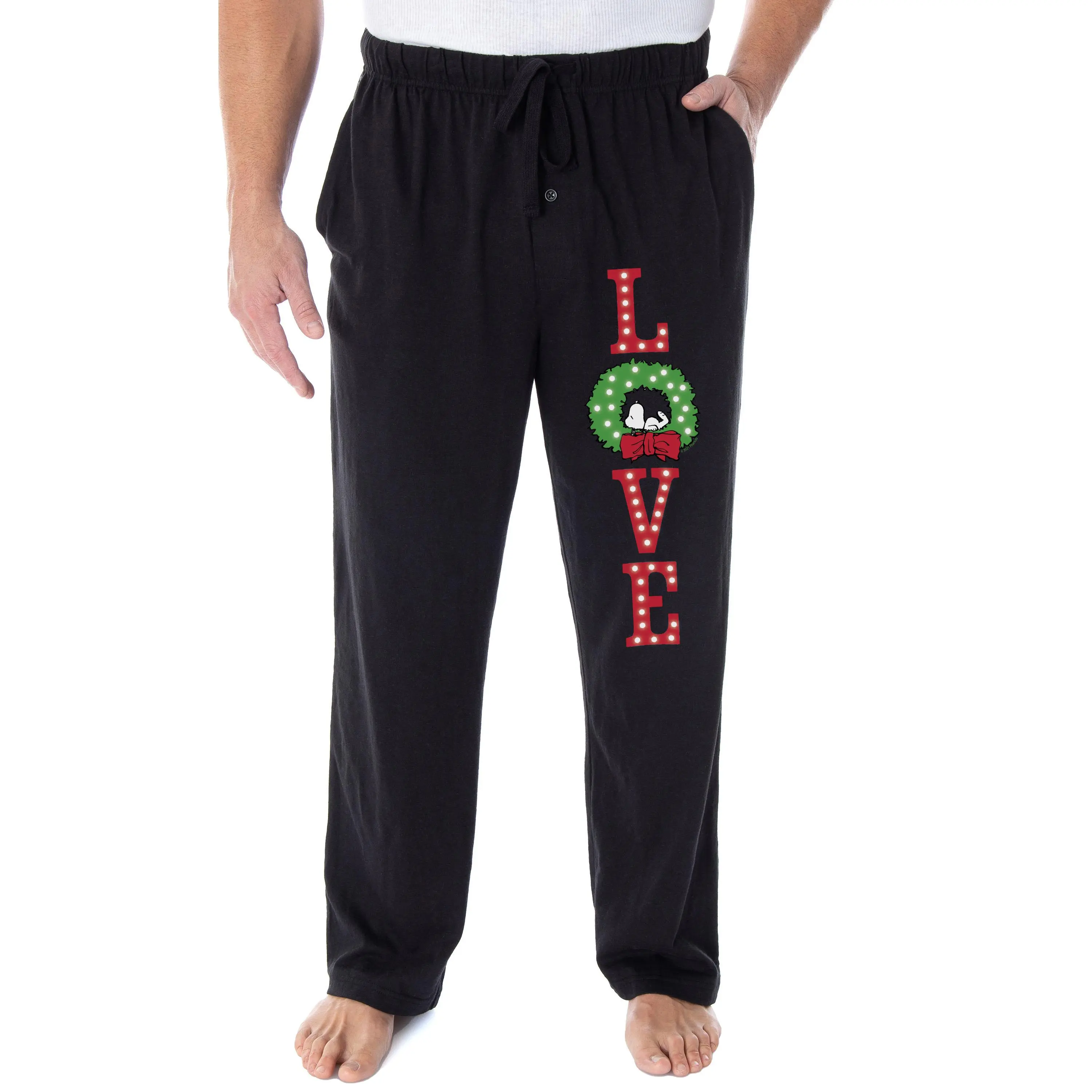 Peanuts Snoopy Pajama Pants LOVE Christmas Wreath Loungewear Sleep Pants