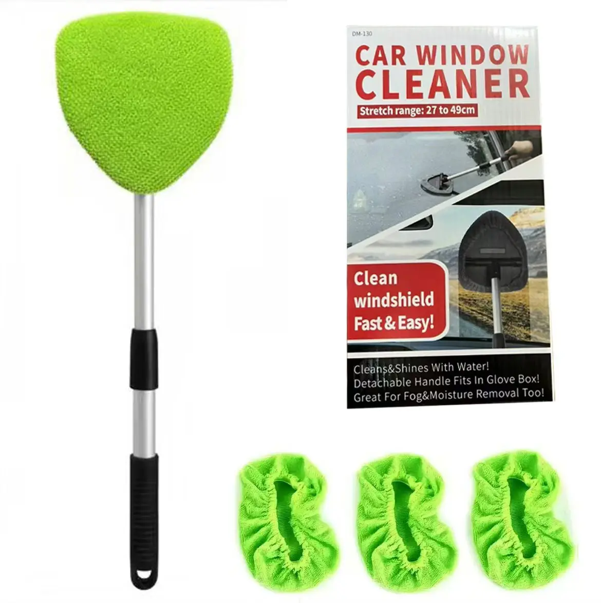 4-in-1 Eco-Friendly Car Windshield Cleaner Tool Kit - Extendable Wand with 3 Durable Reusable Microfiber Pads & 1 Multi-Purpose Sponge, 0.21 kg, 27x14.3x3.8 cm, Crystal-Clear Glass Finish for Women Commuters, Portable Interior Detailer